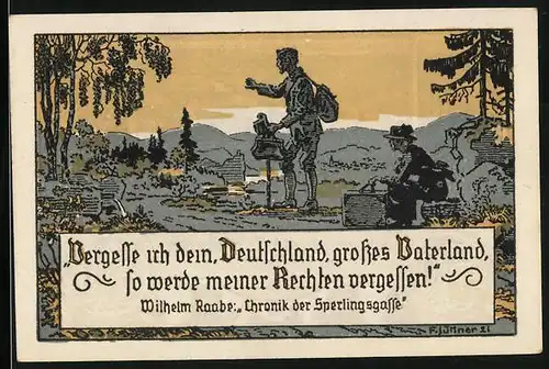 Notgeld Eschershausen in Braunschweig 1922, 50 Pfennig, Paar wartet auf Hilfe, Raabeturm- und Denkmal