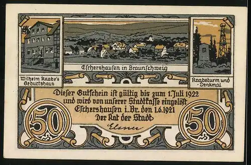 Notgeld Eschershausen in Braunschweig 1922, 50 Pfennig, Paar wartet auf Hilfe, Raabeturm- und Denkmal