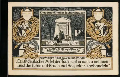 Notgeld Eschershausen in Braunschweig 1921, 75 Pfennig, Kriegerdenkmal, Zitat Wilhelm Raabe, Raabedenkmal