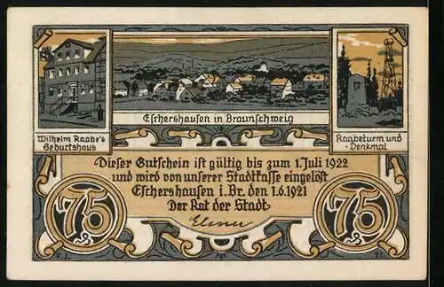Notgeld Eschershausen in Braunschweig 1921, 75 Pfennig, Kriegerdenkmal, Zitat Wilhelm Raabe, Raabedenkmal