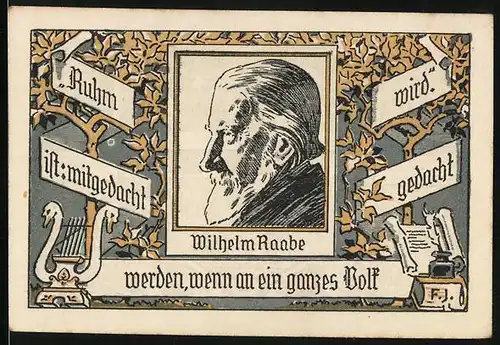 Notgeld Eschershausen in Braunschweig 1921, 1 Mark, Profil von Wilhelm Raabe, Lyra, Wilhelm Raabe`s Geburtshaus