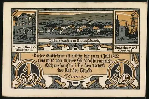Notgeld Eschershausen in Braunschweig 1921, 1 Mark, Profil von Wilhelm Raabe, Lyra, Wilhelm Raabe`s Geburtshaus