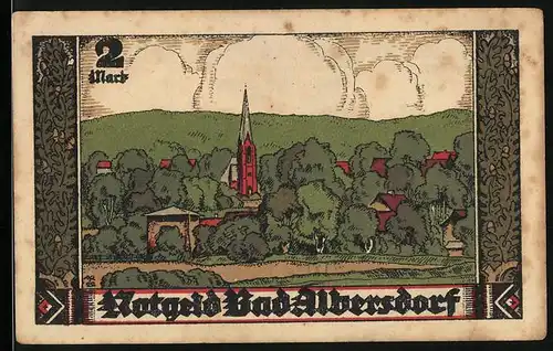 Notgeld Bad Albersdorf 1922, 2 Mark, Ortsansicht mit Kirche, Wappen mit Ritter