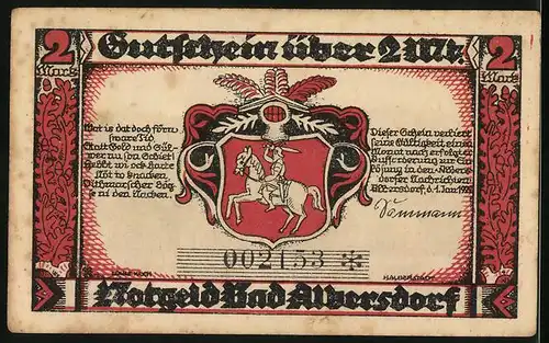 Notgeld Bad Albersdorf 1922, 2 Mark, Ortsansicht mit Kirche, Wappen mit Ritter