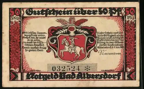 Notgeld Albersdorf 1922, 50 Pfennig, Altgermanischer Opferaltar, Wappen