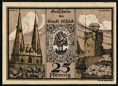 Notgeld Alfeld 1921, 25 Pfennig, S. Nicolai, Fillerturm, Geistlicher mit Bibel und Zepter