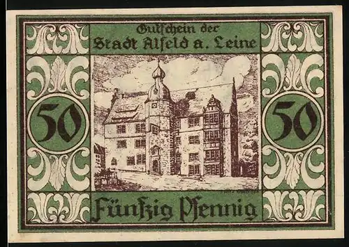 Notgeld Alfeld a. Leine 1921, 50 Pfennig, Prächtiges Gebäude, Heiliger mit Wappen