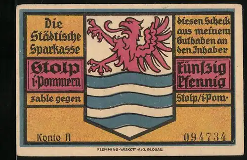 Notgeld Stolp i. Pom., 50 Pfennig, Wappen mit Adler, das neue Tor