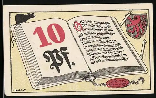 Notgeld Braunschweig, 10 Pfennig, Buch mit Ratte, Wappen, Minna von Barnhelm