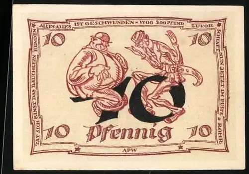 Notgeld Arnstadt 1921, 10 Pfennig, Dicker und dünner Mann, Wappenadler