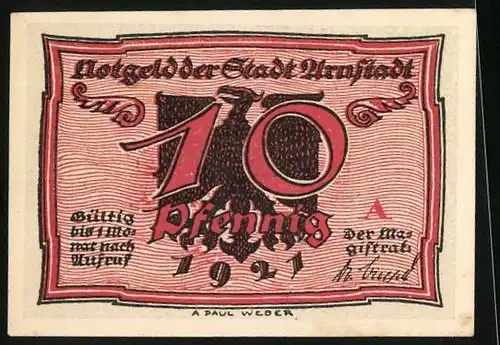 Notgeld Arnstadt 1921, 10 Pfennig, Dicker und dünner Mann, Wappenadler