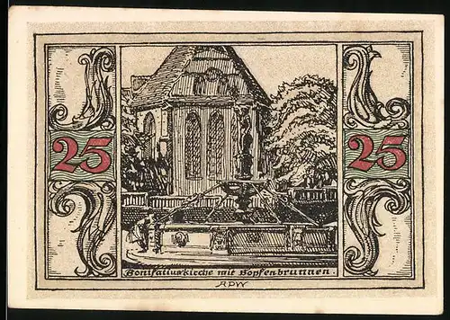 Notgeld Arnstadt 1921, 25 Pfennig, Bonifatiuskirche mit Bopfenbrunnen