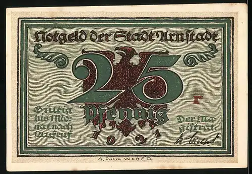 Notgeld Arnstadt 1921, 25 Pfennig, Bonifatiuskirche mit Bopfenbrunnen