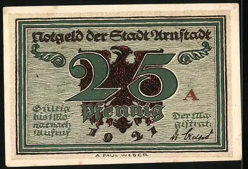 Notgeld Arnstadt 1921, 25 Pfennig, Profil von bach