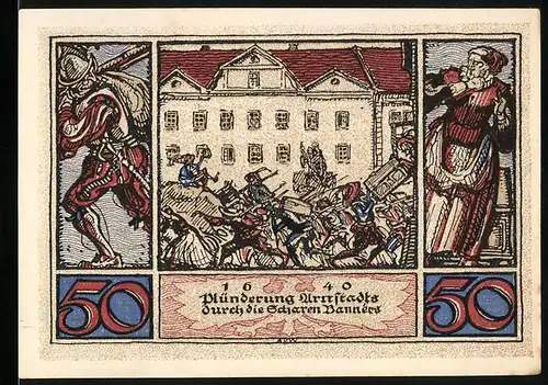 Notgeld Arnstadt 1921, 50 Pfennig, Plünderung der Stadt durch die Scharen Bannérs