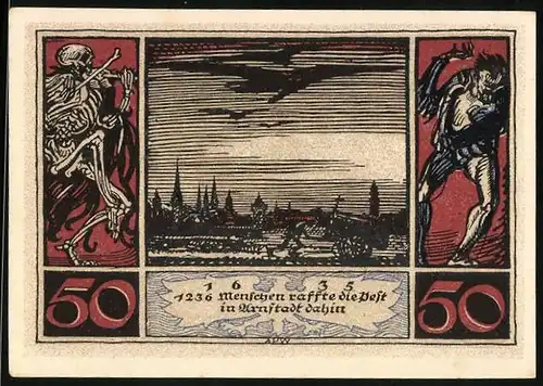 Notgeld Arnstadt 1921, 50 Pfennig, Pest legt sich über die stille Stadt