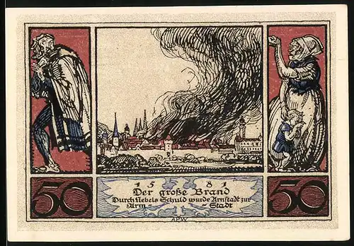 Notgeld Arnstadt 1921, 50 Pfennig, Der grosse Brand, Frau mit Kind vertreibt Mann