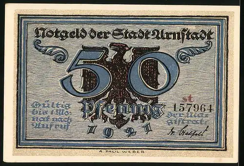 Notgeld Arnstadt 1921, 50 Pfennig, Der grosse Brand, Frau mit Kind vertreibt Mann