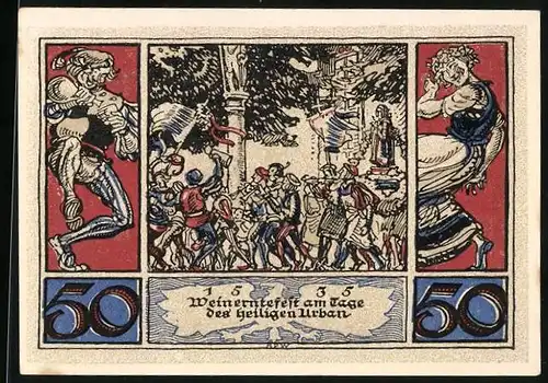 Notgeld Arnstadt 1921, 50 Pfennig, Weinerntefest am Tage des heiligen Urban, Tanzende Menschen