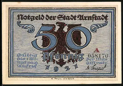 Notgeld Arnstadt 1921, 50 Pfennig, Adler des Wappens, Reichstag unter Otto dem Grossen