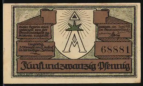 Notgeld Arolsen 1921, 25 Pfennig, Wappen, Pompöses Gebäude