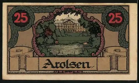 Notgeld Arolsen 1921, 25 Pfennig, Wappen, Pompöses Gebäude