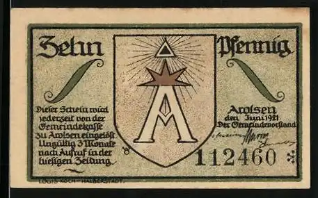 Notgeld Arolsen 1921, 10 Pfennig, Wappen des Ortes, Blick aus dem Wald heraus