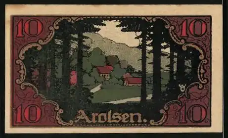 Notgeld Arolsen 1921, 10 Pfennig, Wappen des Ortes, Blick aus dem Wald heraus