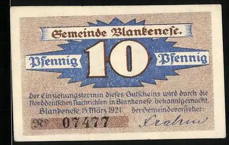 Notgeld Blankenese 1921, 10 Pfennig, Grosses Segelschiff auf dem Meer