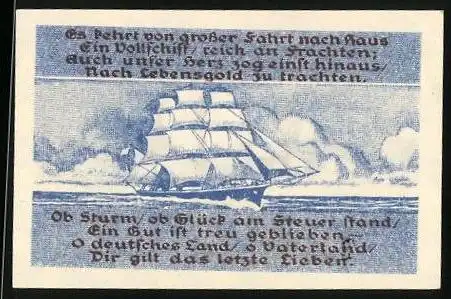 Notgeld Blankenese 1921, 10 Pfennig, Grosses Segelschiff mit Frachten auf der Fahrt nach Haus