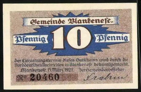 Notgeld Blankenese 1921, 10 Pfennig, Grosses Segelschiff mit Frachten auf der Fahrt nach Haus