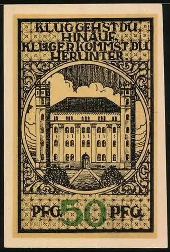 Notgeld Bernburg 1921, 50 Pfennig, Torbogen, Weg zu einem pompösen Gebäude