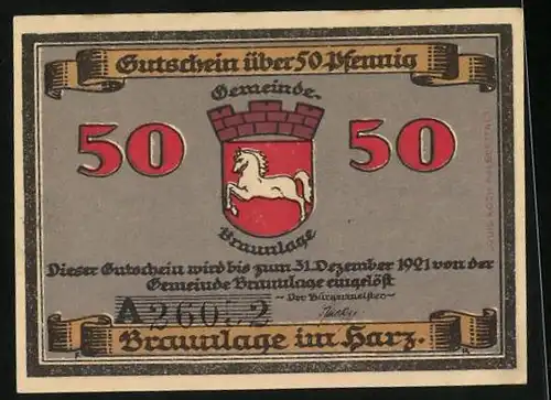 Notgeld Braunlage 1921, 50 Pfennig, Eisen Hüttenwerk, Wappen