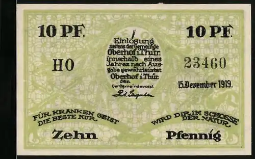 Notgeld Oberhof i. Thür. 1919, 10 Pfennig, Partie a. Rennsteig mit Denkmal