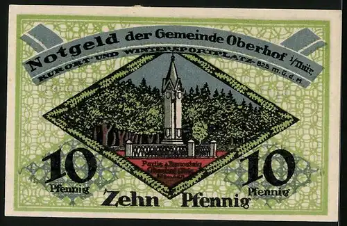 Notgeld Oberhof i. Thür. 1919, 10 Pfennig, Partie a. Rennsteig mit Denkmal