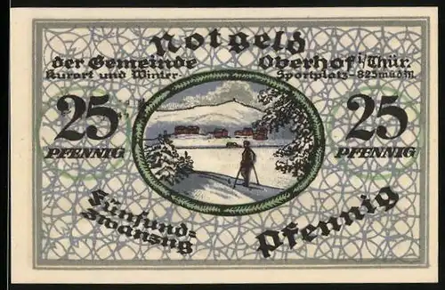 Notgeld Oberhof i. Thür. 1919, 25 Pfennig, Skiläufer blickt auf den Ort