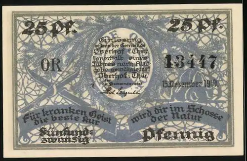 Notgeld Oberhof i. Thür. 1919, 25 Pfennig, Skiläufer blickt auf den Ort