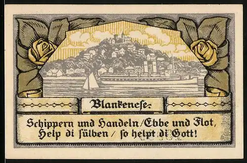 Notgeld Blankenese 1921, 20 Pfennig, Ortsansicht mit Dampfer