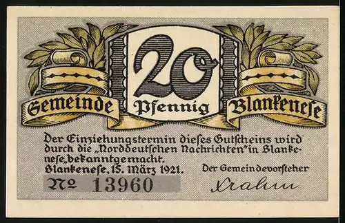 Notgeld Blankenese 1921, 20 Pfennig, Ortsansicht mit Dampfer