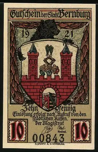 Notgeld Bernburg 1921, 10 Pfennig, Wappen mit Bär, Jungfrau am Wasser