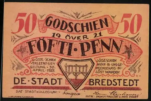 Notgeld Bredstedt 1921, 50 Pfennig, Uns ole Kark, Wappen