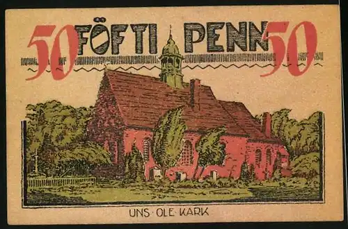 Notgeld Bredstedt 1921, 50 Pfennig, Uns ole Kark, Wappen