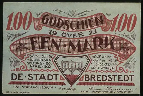 Notgeld Bredstedt 1921, 1 Mark, De Ole Krog Hool Still, Gasthaus