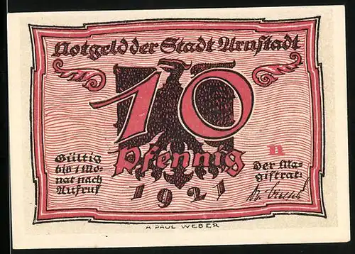 Notgeld Arnstadt 1921, 10 Pfennig, Huhn beim Eier legen