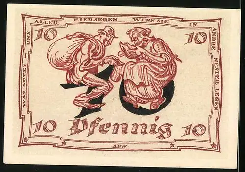 Notgeld Arnstadt 1921, 10 Pfennig, Huhn beim Eier legen