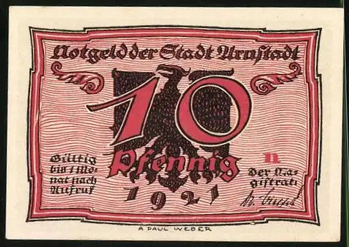 Notgeld Arnstadt 1921, 10 Pfennig, Huhn legt Eier in Beutel