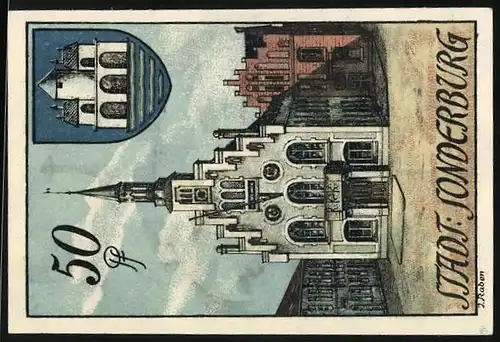 Notgeld Sonderburg 1920, 50 Pfennig, Dybbol Molle, Rathaus