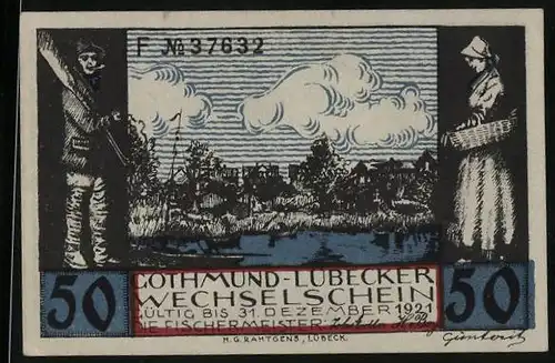 Notgeld Gothmund-Lübeck 1921, 50 Pfennig, Fischer flickt Netze, Boote auf dem Wasser