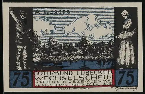 Notgeld Gothmund-Lübeck 1921, 75 Pfennig, Gothmunder Drinkeltörn, Boote auf dem Wasser