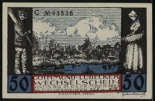 Notgeld Gothmund-Lübeck 1921, 50 Pfennig, Haus am Wasser u. Seemänner